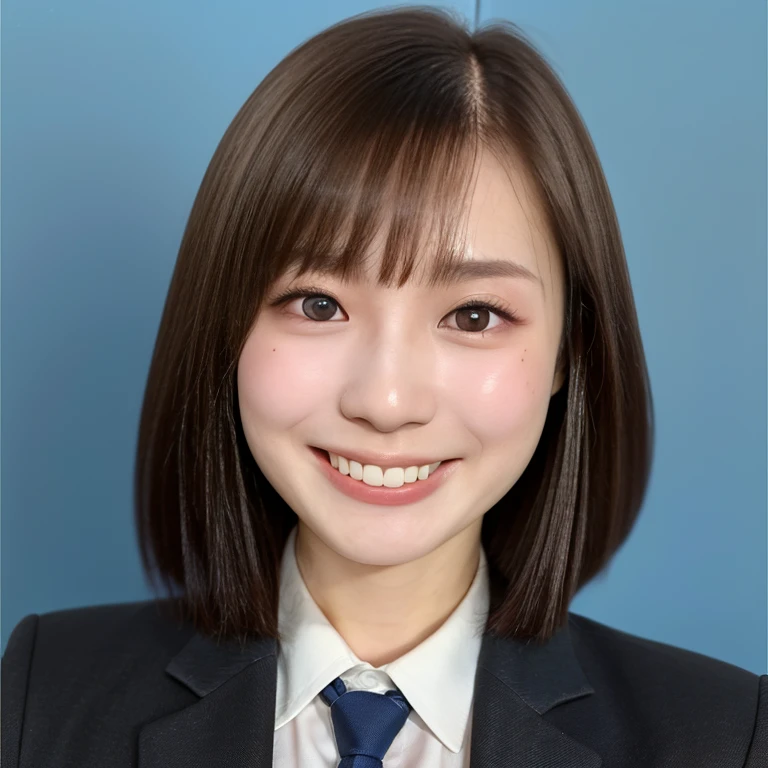 NSFW, (kawaii 24 year-old Japanese girl, Nogizaka idol, Korean idol), (glossy light brown hair, very short hair, bangs:1.3), (beautiful black eyes, rounded face, single eyelid, no makeup, splash laughing:1.3), (wearing suit jacket, collared shirt, necktie:1.3), (extra small breasts:0.9), BREAK, (simple blue background:1.3), (view from forward, bust shot, wide shot, id photo:1.3), BREAK, (masterpiece, best quality, photo realistic, official art:1.4), (UHD, 8K quality wallpaper, high resolution, raw photo, golden ratio:1.3), (shiny skin), professional lighting, physically based rendering, award winning, (highly detailed skin, extremely detailed face and eyes), Carl Zeiss 85 mm F/1.4, depth of field, (1girl, solo),