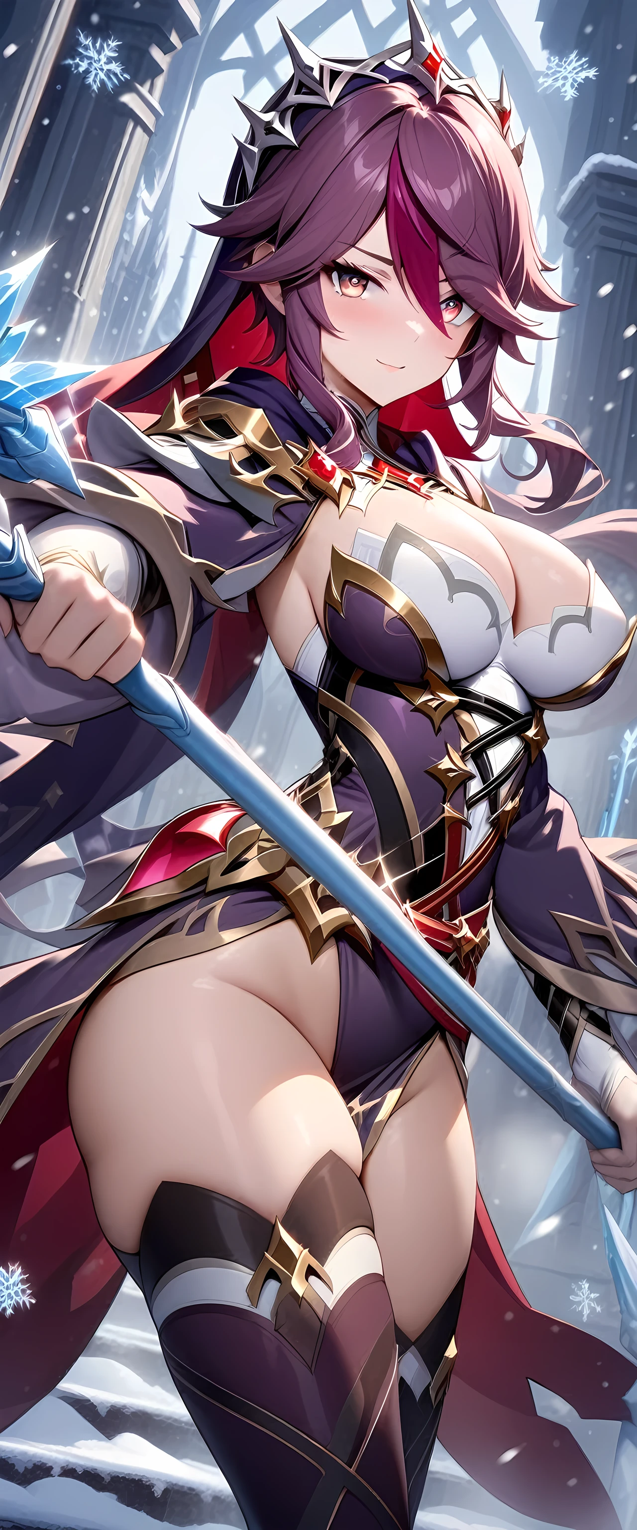 (masterpiece), best quality, expressive eyes, perfect face,1girl,rosaria,genshin impact,big breasts,glowing eyes,((magical girl costume)),(dark purple royal robes:1.5),thigh heels,cleavage,light smile,ice church,snow mountain background,sexy pose,ice spear,action pose,cowboy shot,dynamic angle,(sparkle:0.9),(glitter:0.9),cloudy sky,grey sky,snowing,long hair