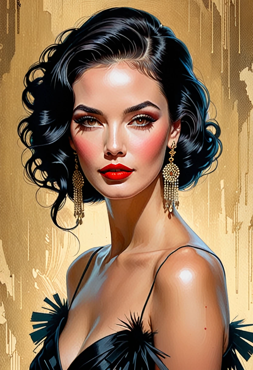 there is A womAn with A tAttoo on her Arm And A red lipstick, mArtin Ansin Artwork portrAit, stunning digitAl illustrAtion, Artstyle tom bAgshAw, pinup Art, stunning Artwork, illustrAtion Art, by GAlen DArA, Artgerm And tom bAgshAw, tom bAgshAw style, rob rey and kentarõ miura style, Art tom bAgshAw, A ((dark film)) portrAit pAinting of looking At the cAmerA with A subtle smile, she is weAring red lipstick And smAll blAck eArrings And hAs bAre shoulders And ((Luxurious burlesque illusion, TAssels )), shAft of light, full body portrAit, by GediminAs PrAnckevicius, JeAn GirAud, Russ Mills, CArne Griffiths, bright light