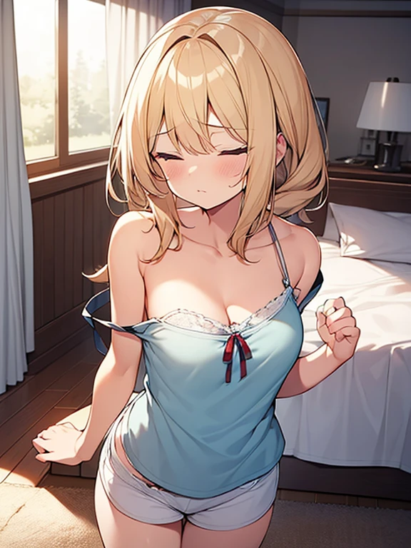 Masterpiece, Top quality, 1 beautiful girl, blond, wave Hair, medium hair, diagonal bangs, (bedhead :1.2), , medium breasts, standard weight, (Camisole :1.3), (strap slip:1.3), Lounge shorts, (sleepy :1.3) , tear up:1.1, open big mouth, beautiful scene of bed room, indoor, blurry background, magnificent panorama view, (rubbing her eyes :1.2), good morning