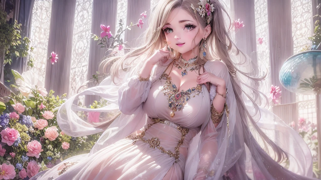50 year old mature woman, Looking at the audience, Attractive breasts,Sensual curves、bubble、Full Body Shot,Nightgown, Charming smile, Thick lips, plump唇, blush, Looking at the audience, Provocative expression, Beautiful Hairstyles, Cleavage, plump、Curvy Hips、Attractive face、Mischievous face、Sexy Lingerie、An inviting gaze、Expressing emotions、colored feather, Money属装飾品, particle, Light, (masterpiece, highest quality, highest quality, Official Art, beautifully、aesthetic:1.2), (1 girl:1.3), Very detailed,(Fractal Art:1.1),(colorful:1.1)(flowerズ:1.3),Most detailed, (Dynamic pose), (Shiny skin), (Many colors :1.4), ,(Earrings:1.4), (feather:1.4),masterpiece, 30~40 years, Mr.々Hair style,Moneyのヘッドバンド,Tulle covers the chest,Perfect balance, Detailed details of the garment,marble,cinematicLighting, Film Grain, contrast of Light and dark,High detail,(((Gorgeous Accessories))))、Openwork decoration,(((See-through dress)))、(((Anatomically correct body))) ,1 girl, (High resolution), (8k), (Very detailed), Perfect Face, Beautiful eyes and face, (((highest quality))), (Very detailed), Detailed face and eyes, Beautiful Eyes,(((Sexy pose,Beautiful Eyes、Transparent double eyelids、(((Super gorgeous background)))、Bright Eyes,Money,diamond,gem,Body Chain,Luxury Accessories,beautifully、aesthetic,flower、(((Super gorgeous background)))、Bright Eyes