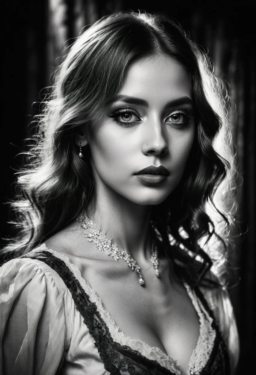 best quality, ultra-detailed, black and white, monochrome, contrasting shades, high contrast, grayscale, aesthetic, Vintage old black and white head and shoulders photo portrait, beautiful lady, perfect face, perfect eyes, decolletage, decollete, cool colors, gothic art, photorealism, 1900s photograph, diffuse light, long exposure, 1900s photograph, 18th century atlas, flickering light, landscape, photorealistic, twilight, sepia