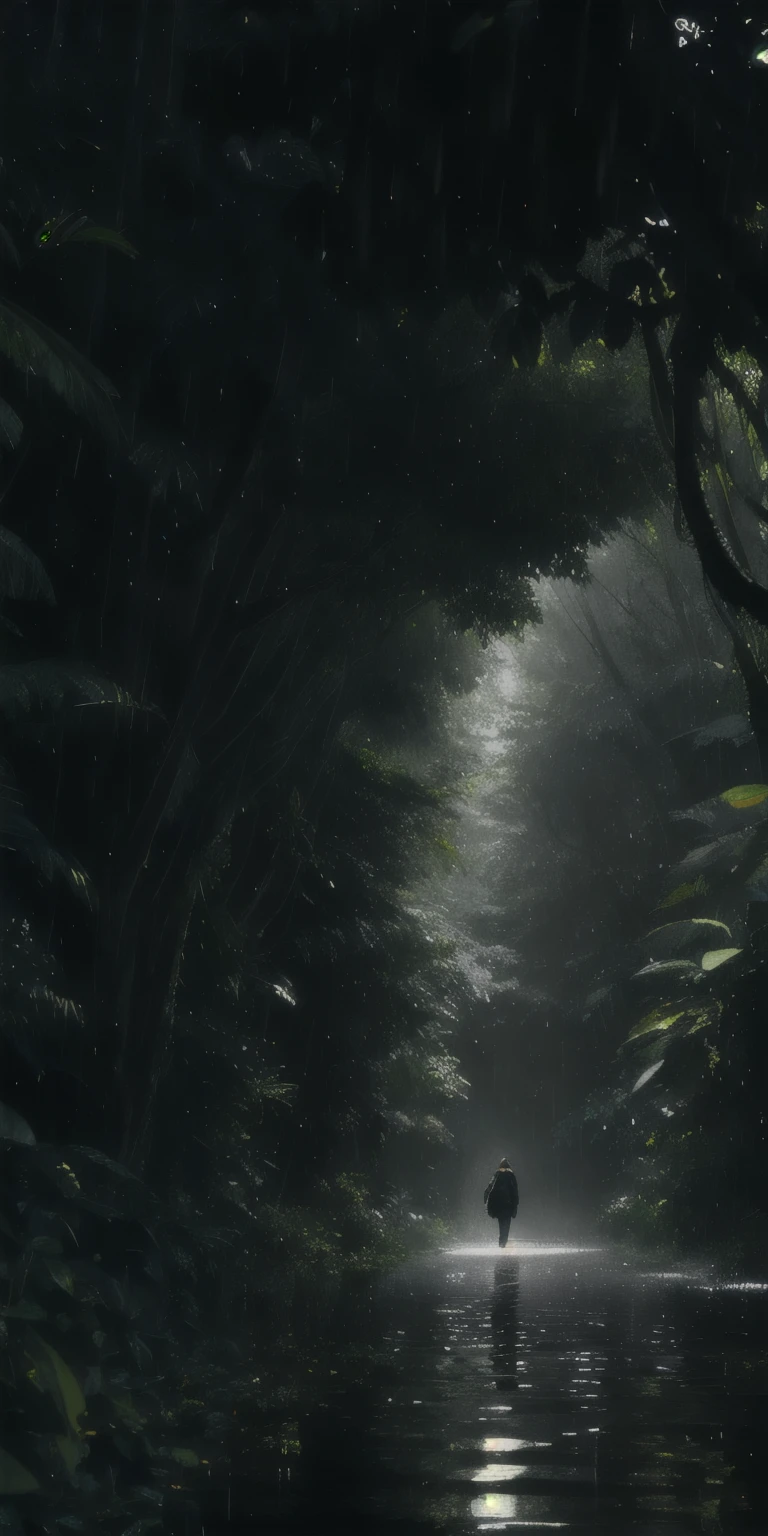 A jungle, with intense rainfall, monochromatic, vines all around, giant and wet trees, masterpiece, best quality, high quality, extremely detailed CG unity 8k wallpaper, oil paiting, award winning photography, Bokeh, Depth of Field, HDR, bloom, Chromatic Aberration ,Photorealistic,extremely detailed, trending on artstation, trending on CGsociety, Intricate, High Detail, dramatic, art by midjourney, volumetric lighting, a man walking on water