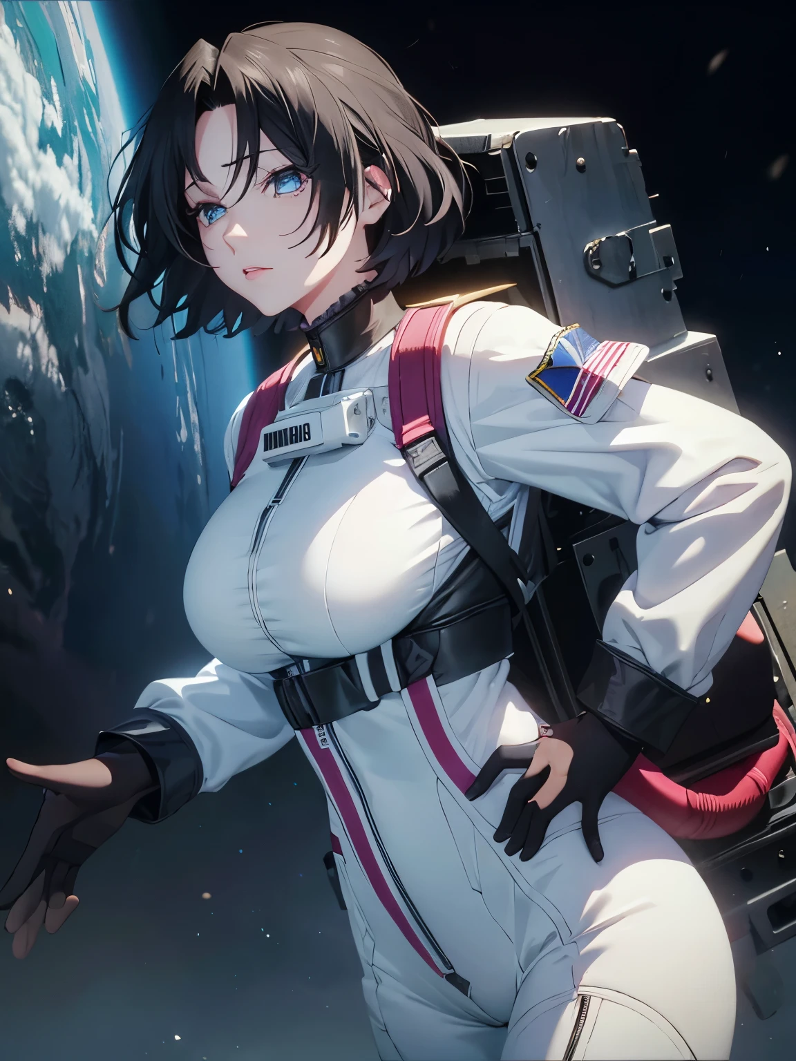 1 adult woman, 29 years old, Dominique de Sade,Black hair, short hair,blue eyes, standing, wearing astronaut uniform, big breasts, ultra detail, ultra HD,half body photo