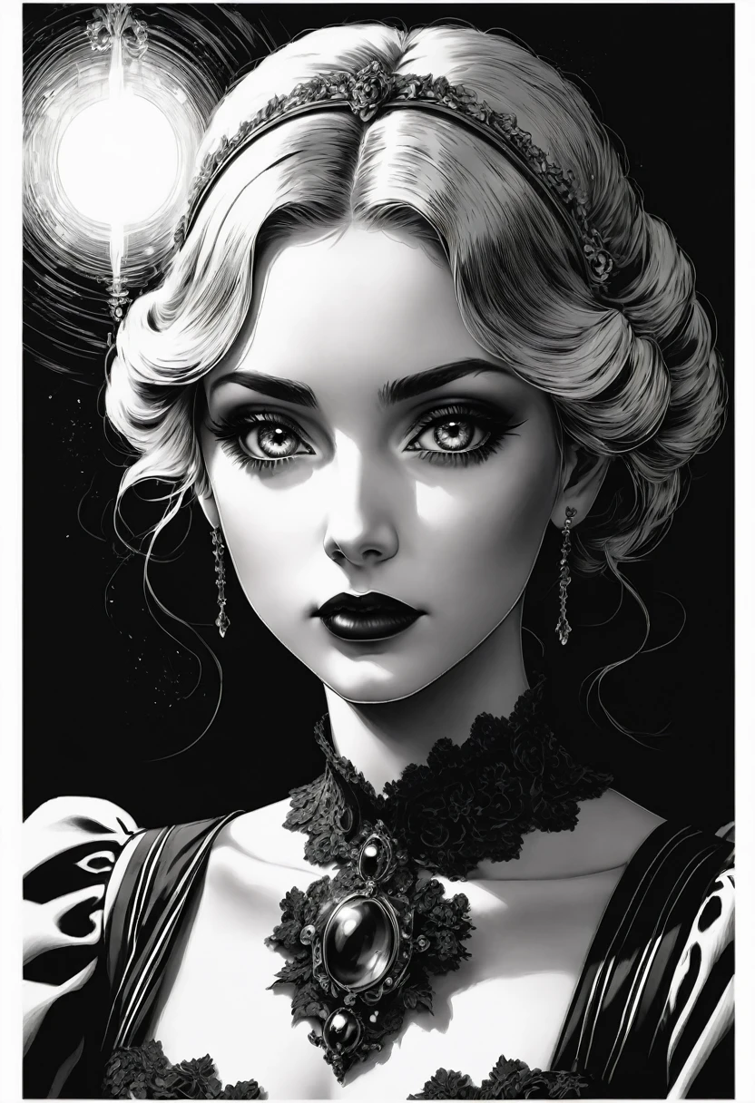 best quality, ultra-detailed, black and white, monochrome, contrasting shades, high contrast, grayscale, aesthetic, Vintage old black and white head and shoulders photo portrait, beautiful lady, perfect face, perfect eyes, decolletage, decollete, cool colors, gothic art, photorealism, 1900s photograph, diffuse light, long exposure, 1900s photograph, 18th century atlas, flickering light, landscape, photorealistic, twilight, sepia