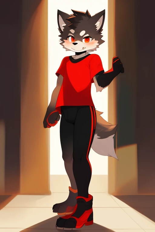Furry wolf,((Shota)), black spandex tights, red shirt, solo, standing 