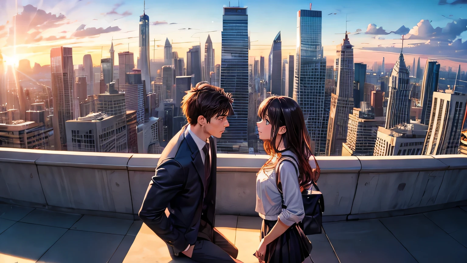 Men and women staring at each other,Cityscape in the morning sun,
