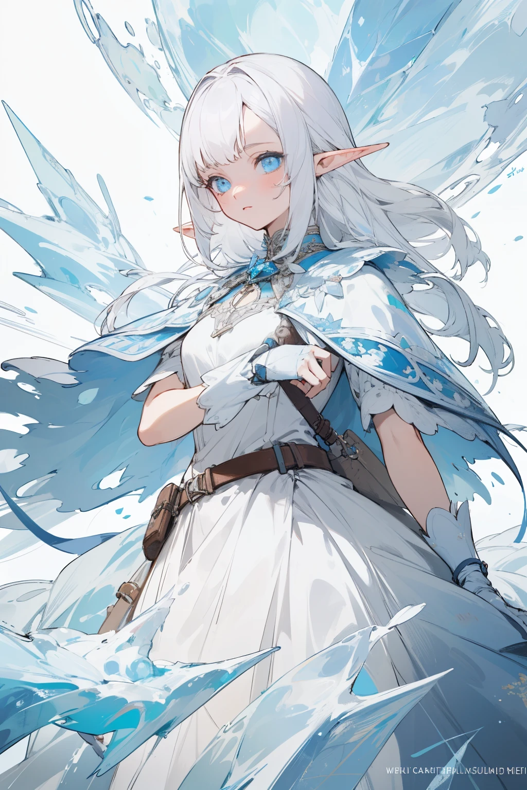 ((best quality)), ((masterpiece)), (detailed),((A young girl)),illustration,half-elf,Blue Eyes,White hair,Long hair,Short ears,Perfect face,Dress,artist,Ice Warlock,Western fantasy style