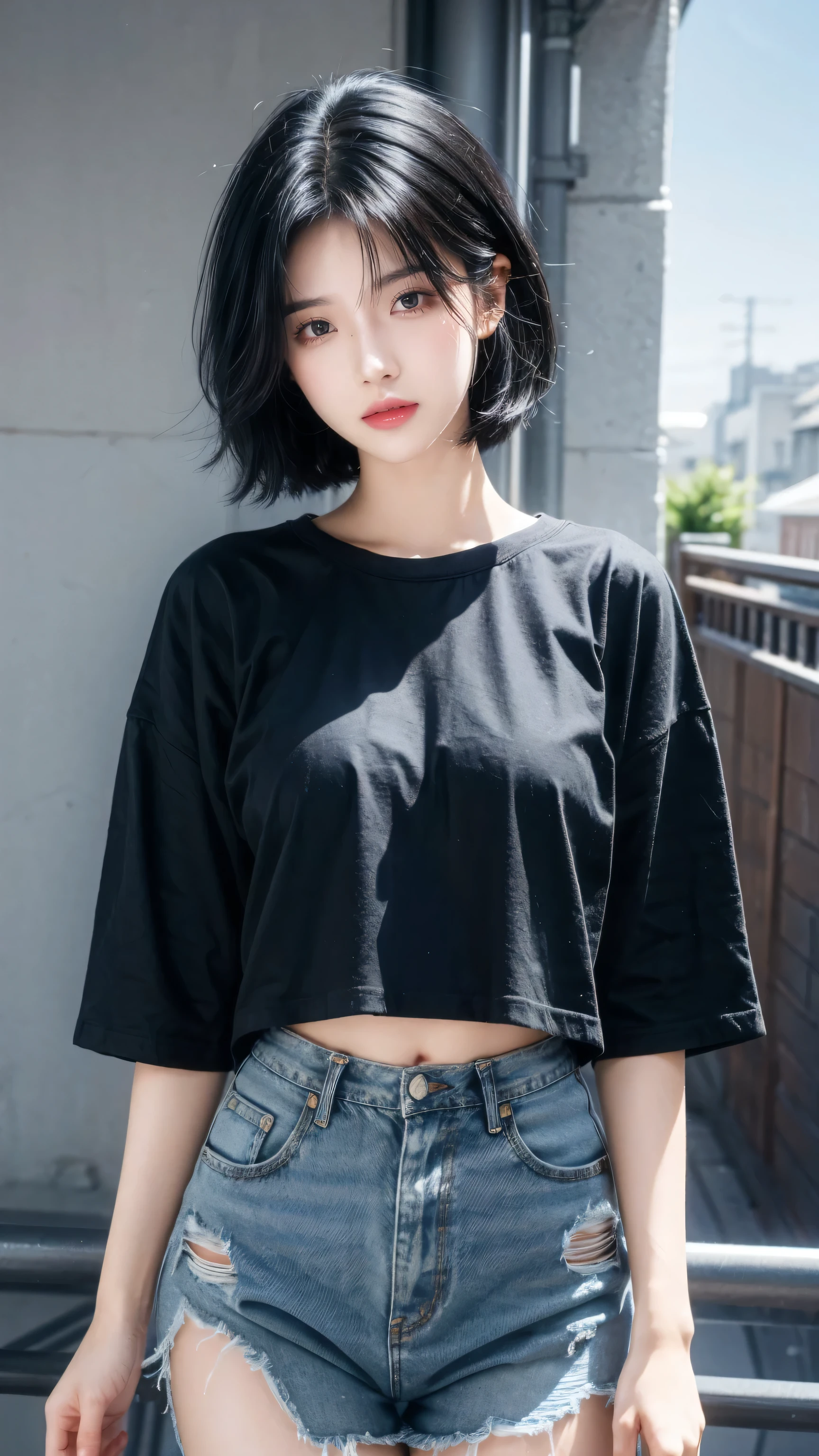 best quality, 1 Girl, dark blue hair, black eyes, Very short hair, Spiky hair, oversize t-shirt, High waist short jeans, 171 cm, Messy hair, Hair between the eyes, Medium breasts, full, Tomboy, aldult, 20 years old, 1 Girl