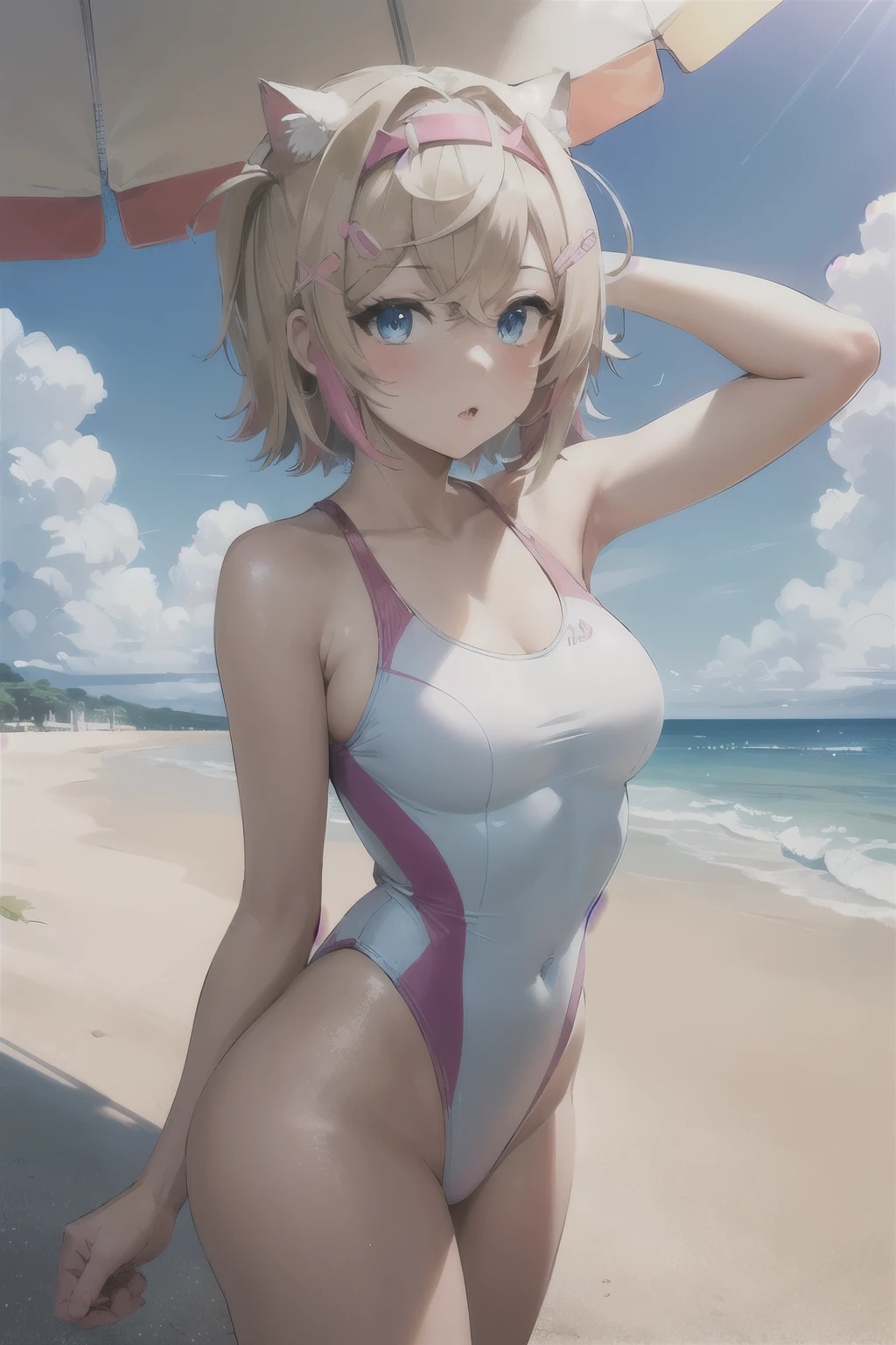 (masterpiece, best quality:1.2), 1girl, MococoAbyssgard, facing viewer, hairclip, hairband, one piece swimsuit, beach, blush, cute, hands behind head, 