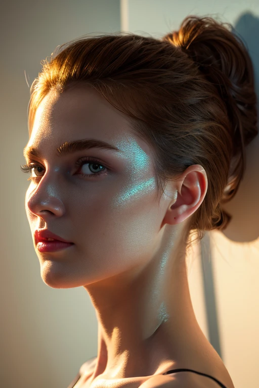 UHD, anatomically correct, ccurate, textured skin, high details, best quality, 8k,Surrealism, high detail, Cubist Futurism, modern, Ghibli-like colours,blending, drop shadow, chromatic aberration, glowing light,light brown hair, hair over shoulder, ponytail, light blush, naughty face,first-person view, cowboy shot, foreshortening, Canon