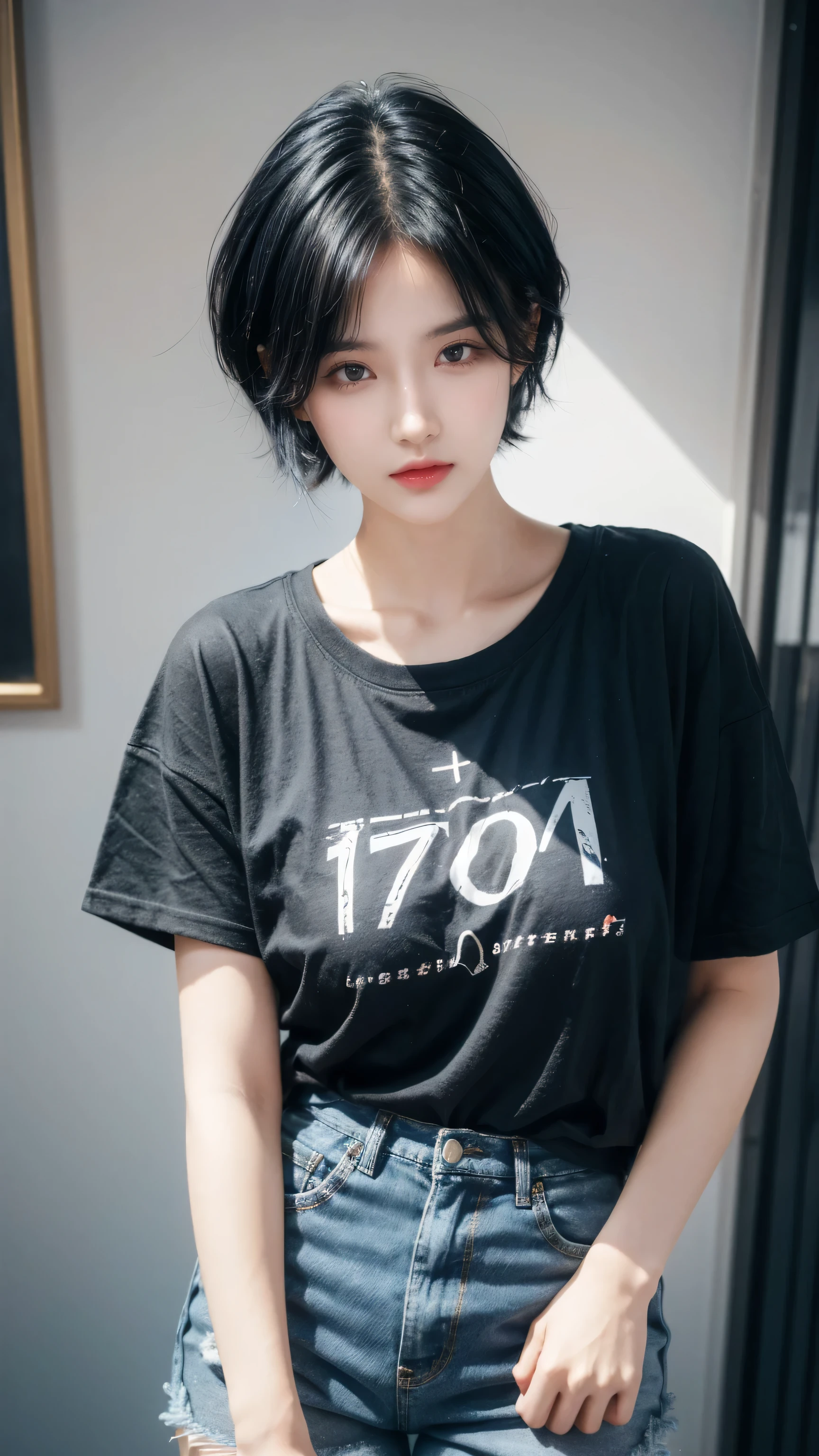 best quality, 1 Girl, dark blue hair, black eyes, Very short hair, Spiky hair, oversize t-shirt, High waist short jeans, 171 cm, Messy hair, Hair between the eyes, Medium breasts, full, Tomboy, aldult, 20 years old, 1 Girl