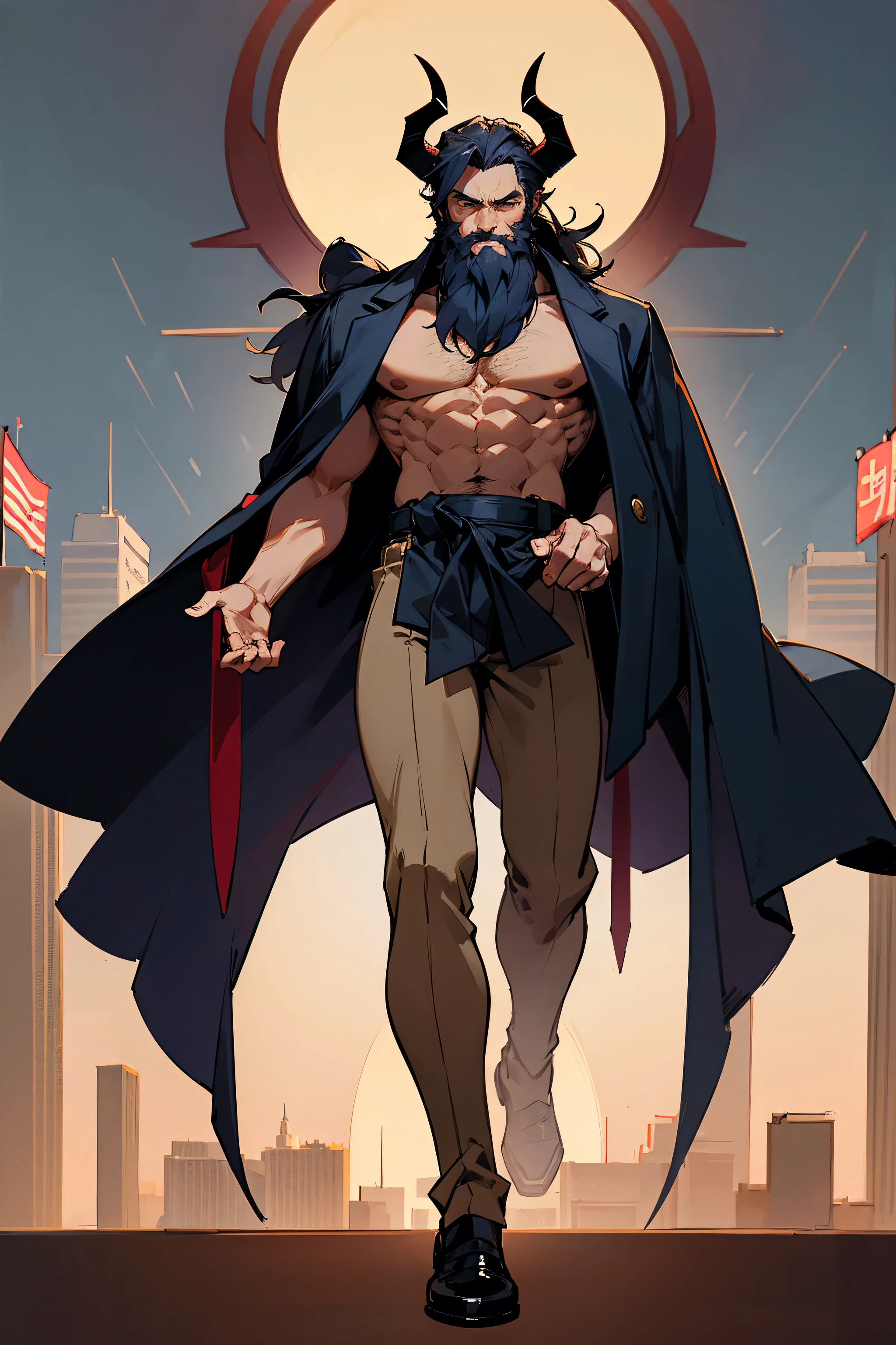 Masterpiece Quality, Perfect Generation, Detailed Eyes, , , short hair, , , , full body, shrine background, deep eyes, , , city background, eyes, skin, clothed, demons, horns, navy color, military cut, serious, standing, mullet, male, guy, male, strong, beard, muscular,