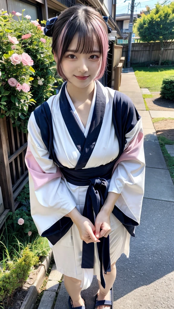(8K, highest quality, masterpiece:1,2), (realistic, Photoreal:1.37), Super detailed, one girl,), (very detailed), (beautiful detailed eyes), (highest qualityの), (Super detailed ), (masterpiece), (detailed face),20-year-old, ,1 girl, ((pink hair,very short hair)), medium breasts, dressed, perfect lighting, break (navy blue haori:1.3), (white collar:1.2), (three quarter sleeves:1.2), (white kimono:1.4), (nature motif pattern:1.2), (navy blue hakama:1.3), (Ankle length:1.2), (The hem is not too wide:1.2), (white obi:1.4), (simple knot:1.2), (white foot bag:1.2), (Black geta:1.2), (low height:1.2), (Easy to walk:1.2), (bun hair:1.2), (hair ornaments:1.2), (Flowers and strips of paper:1.2), break bun hair, Flowers and strips of paper hair ornaments, smile, friendly, looking at camera, Natural light, soft shadow on the face