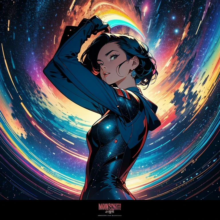 (masterpiece, highest quality), 32k,(A very detailed beautiful woman), poster,science fiction,1960s,1970s,bauhaus, shape, abstract, propaganda,movie poster, vintage,retro,futuristic,anime,Perfect rainbow,highlight,angle from below, awesome style,beautiful starry sky,portfolio,Close-up,detailed galaxy,