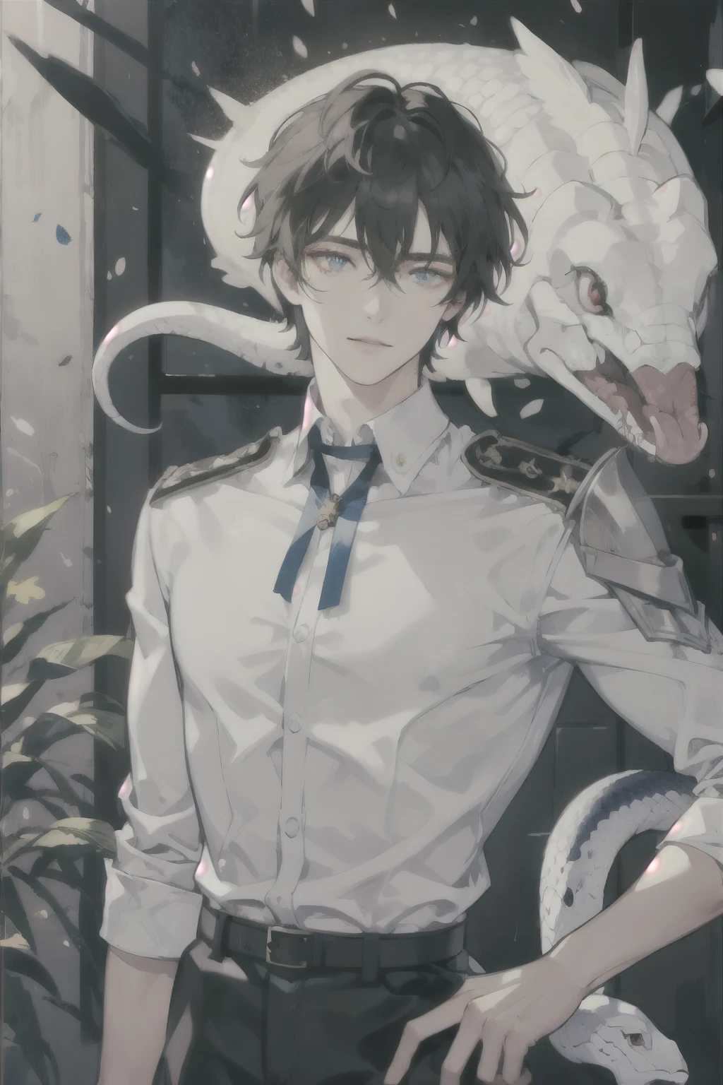 masterpiece, best quality, ultra detailed, (solo man), (male focus), ((Oblong face)), ((Square jawline)), black hair, ((hairs between eyes)), ((shoulder length)), ((narrow blue eye)), fair skin, skinny body, beauty mark, {uniform, outfit, clothes}, dress shirt, (Giving an insincere smile:0.7), (Communicating with a big albino snake), leaning on wall, front view