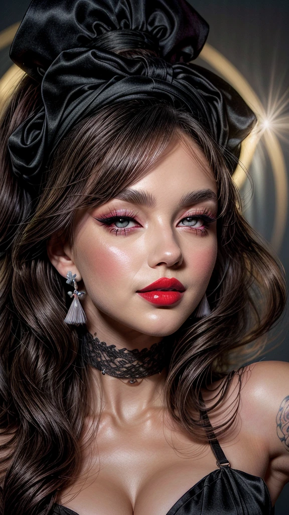 there is A womAn with A tAttoo on her Arm And A red lipstick, mArtin Ansin Artwork portrAit, stunning digitAl illustrAtion, Artstyle tom bAgshAw, pinup Art, stunning Artwork, illustrAtion Art, by GAlen DArA, Artgerm And tom bAgshAw, tom bAgshAw style, rob rey and kentarõ miura style, Art tom bAgshAw, A ((dark film)) portrAit pAinting of looking At the cAmerA with A subtle smile, she is weAring red lipstick And smAll blAck eArrings And hAs bAre shoulders And ((Luxurious burlesque illusion, TAssels )), shAft of light,full body portrAit, by GediminAs PrAnckevicius, JeAn GirAud, Russ Mills, CArne Griffiths