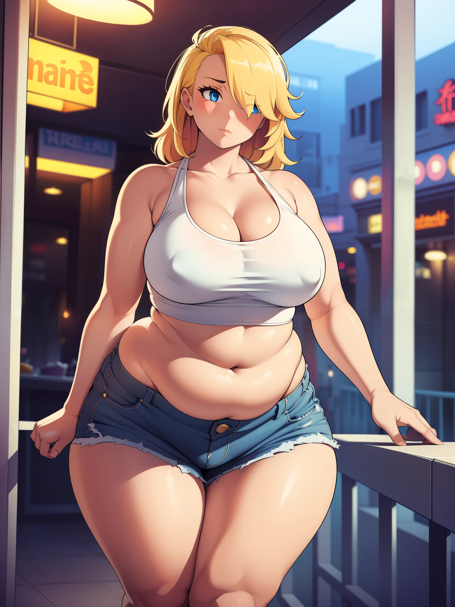 ((highres)), Masterpiece, high quality, best quality, beautiful, perfect lighting, detailed face, ultra cute face, (((1girl))), ((solo)), blonde hair, blue eyes, crop top and shorts skindentation, full body, fast food restaurant, cleavage, medium breasts, ((wide hips)), ((thick thighs)), ((plump)), chubby belly, fat folds, belly hang, standing,