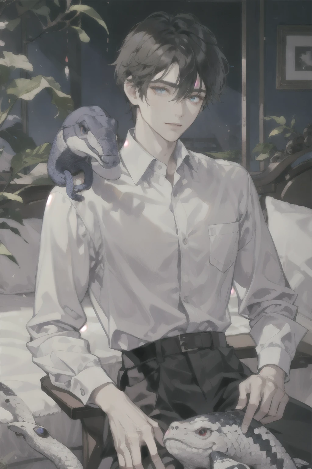 masterpiece, best quality, ultra detailed, (solo man), (male focus), ((Oblong face)), ((Square jawline)), black hair, ((hairs between eyes)), ((shoulder length)), ((narrow blue eye)), fair skin, skinny body, beauty mark, {uniform, outfit, clothes}, dress shirt, (Giving an insincere smile:0.7), (Enjoying interaction with a big albino snake), sitting on bed, Fastening a seatbelt