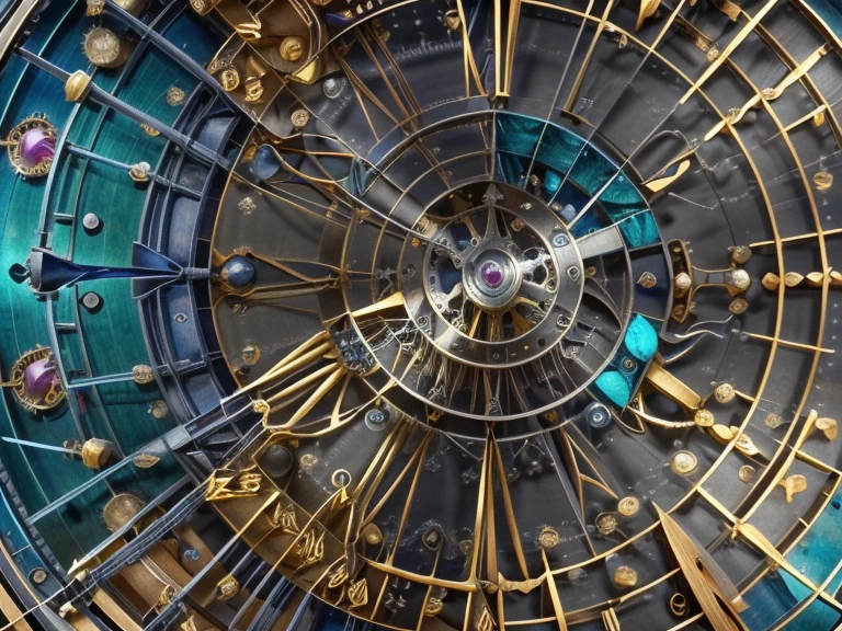 astronomical clock mechanism, celestial, solar system, extraordinary complex mechanics,  ((plan large, interior view of the mechanism, multiples rouages complexes, engrenages complexes, very accurate, full details, ruby sapphire emerald color mix, mechanical calculator)),  (((visible mechanism:1.8)))