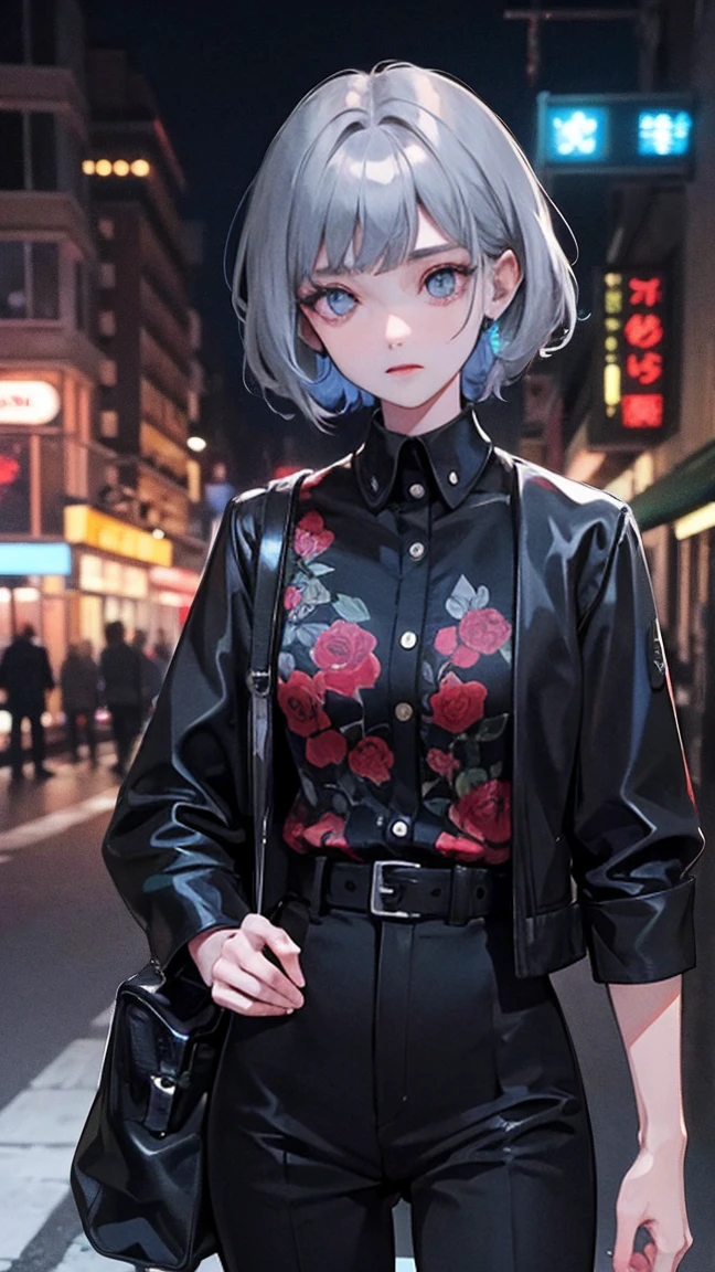 outdoor, Black, Wearing a black and red floral shirt, Wearing black dress pants, blue eyes, Glowing eyes, short hair, Gray skin, Club environment, night, Blue neon light, 8K, Unreal Engine, Very detailed, Reality,