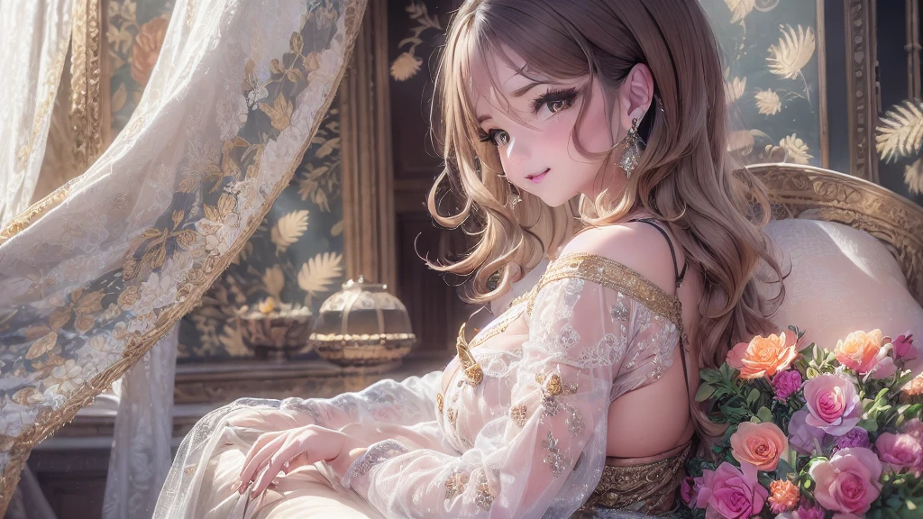 50 year old mature woman, Looking at the audience, Attractive breasts,Sensual curves、bubble、Full Body Shot,Nightgown, Charming smile, Thick lips, plump唇, blush, Looking at the audience, Provocative expression, Beautiful Hairstyles, Cleavage, plump、Curvy Hips、Attractive face、Mischievous face、Sexy Lingerie、An inviting gaze、Expressing emotions、colored feather, Money属装飾品, particle, Light, (masterpiece, highest quality, highest quality, Official Art, beautifully、aesthetic:1.2), (1 girl:1.3), Very detailed,(Fractal Art:1.1),(colorful:1.1)(flowerズ:1.3),Most detailed, (Dynamic pose), (Shiny skin), (Many colors :1.4), ,(Earrings:1.4), (feather:1.4),masterpiece, 30~40 years, Mr.々Hair style，Moneyのヘッドバンド，Tulle covers the chest，Perfect balance, Detailed details of the garment,marble，cinematicLighting, Film Grain, contrast of Light and dark,High detail,(((Gorgeous Accessories))))、Openwork decoration，(((See-through dress)))、(((Anatomically correct body))) ,1 girl, (High resolution), (8k), (Very detailed), Perfect Face, Beautiful eyes and face, (((highest quality))), (Very detailed), Detailed face and eyes, Beautiful Eyes,(((Sexy pose))),Beautiful Eyes、Transparent double eyelids、(((Super gorgeous background)))、Bright Eyes,Money,diamond,gem,Body Chain,Luxury Accessories,beautifully、aesthetic,flower