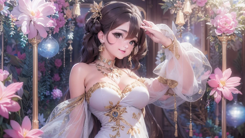 50 year old mature woman, Looking at the audience, Attractive breasts,Sensual curves、bubble、Full Body Shot,Nightgown, Charming smile, Thick lips, plump唇, blush, Looking at the audience, Provocative expression, Beautiful Hairstyles, Cleavage, plump、Curvy Hips、Attractive face、Mischievous face、Sexy Lingerie、An inviting gaze、Expressing emotions、colored feather, Money属装飾品, particle, Light, (masterpiece, highest quality, highest quality, Official Art, beautifully、aesthetic:1.2), (1 girl:1.3), Very detailed,(Fractal Art:1.1),(colorful:1.1)(flowerズ:1.3),Most detailed, (Dynamic pose), (Shiny skin), (Many colors :1.4), ,(Earrings:1.4), (feather:1.4),masterpiece, 30~40 years, Mr.々Hair style,Moneyのヘッドバンド,Tulle covers the chest,Perfect balance, Detailed details of the garment,marble,cinematicLighting, Film Grain, contrast of Light and dark,High detail,(((Gorgeous Accessories))))、Openwork decoration,(((See-through dress)))、(((Anatomically correct body))) ,1 girl, (High resolution), (8k), (Very detailed), Perfect Face, Beautiful eyes and face, (((highest quality))), (Very detailed), Detailed face and eyes, Beautiful Eyes,(((Sexy pose,Beautiful Eyes、Transparent double eyelids、(((Super gorgeous background)))、Bright Eyes,Money,diamond,gem,Body Chain,Luxury Accessories,beautifully、aesthetic,flower、(((Super gorgeous background)))、Bright Eyes