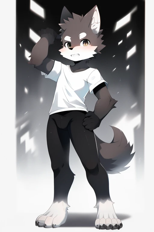 Furry wolf,((Shota)), black spandex tights, white shirt, solo, standing 