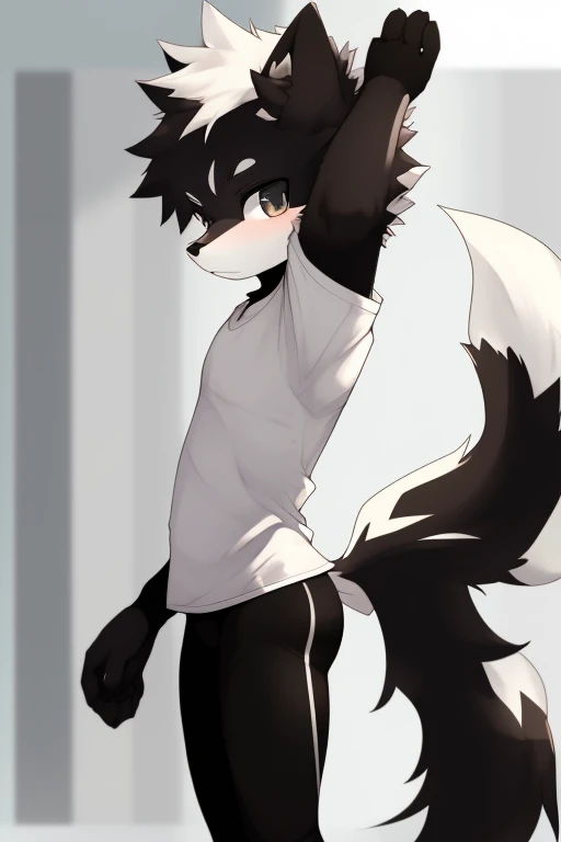 Furry wolf,((Shota)), black spandex tights, white shirt, solo, standing