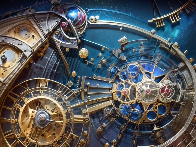 astronomical clock mechanism, celestial, solar system, extraordinary complex mechanics, ((plan large, interior view of the mechanism, multiples rouages complexes, engrenages complexes, very accurate, full details, ruby sapphire emerald color mix, mechanical calculator)), (((visible mechanism:1.8)))