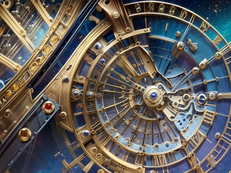 astronomical clock mechanism, celestial, solar system, extraordinary complex mechanics, ((plan large, interior view of the mechanism, multiples rouages complexes, engrenages complexes, very accurate, full details, ruby sapphire emerald color mix, mechanical calculator)), (((visible mechanism:1.8)))