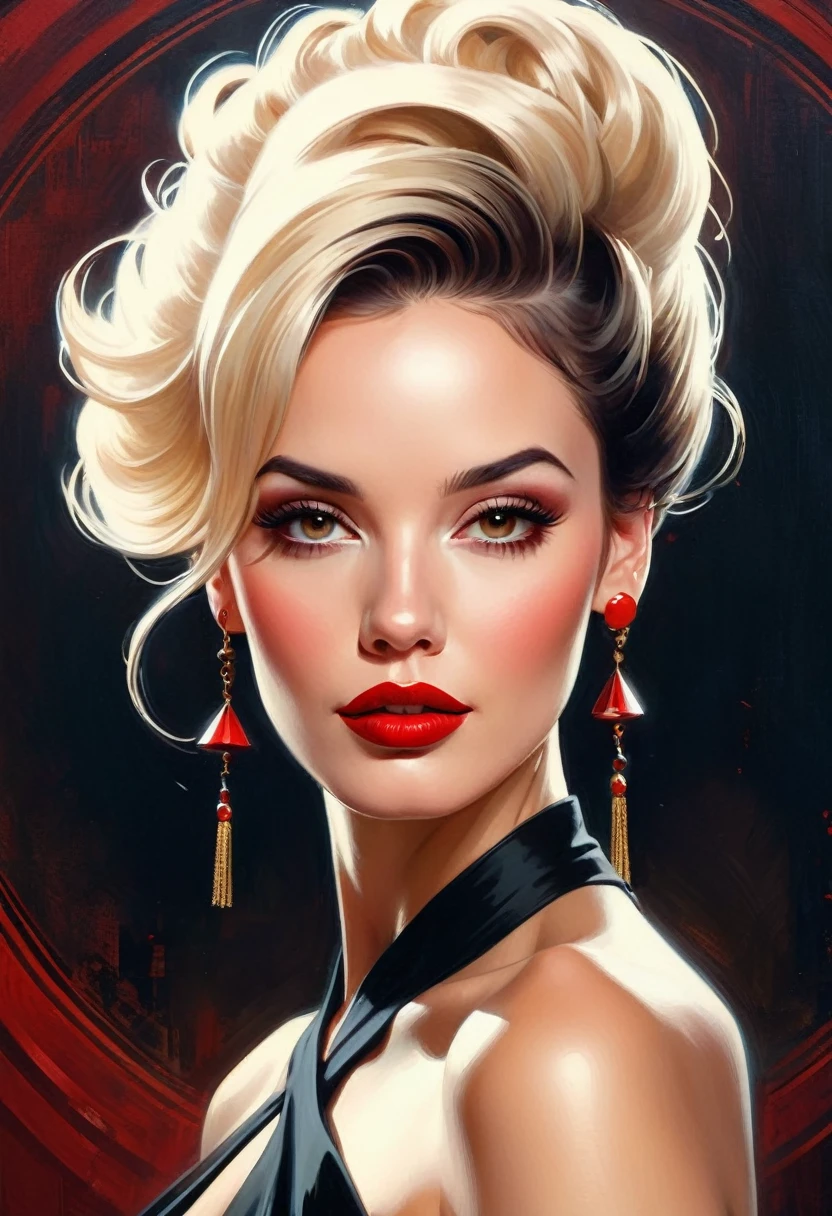 there is A womAn with A tAttoo on her Arm And A red lipstick, mArtin Ansin Artwork portrAit, stunning digitAl illustrAtion, Artstyle tom bAgshAw, pinup Art, stunning Artwork, illustrAtion Art, by GAlen DArA, Artgerm And tom bAgshAw, tom bAgshAw style, rob rey and kentarõ miura style, Art tom bAgshAw, A ((dark film)) portrAit pAinting of looking At the cAmerA with A subtle smile, she is weAring red lipstick And smAll blAck eArrings And hAs bAre shoulders And ((Luxurious burlesque illusion, TAssels )), shAft of light, full body portrAit, by GediminAs PrAnckevicius, JeAn GirAud, Russ Mills, CArne Griffiths, bright light