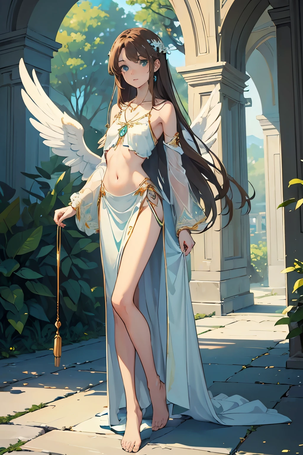 ((best quality)), ((masterpiece)), (detailed), perfect face, Character design, female, long brown hair, wearing a white angelic dress, blue green eyes, small frame, very skinny, detailed, best quality, no accesoires around the neck, no shoes, prominent collarbones, skinny arms, flat stomach, visible hip bones, full body