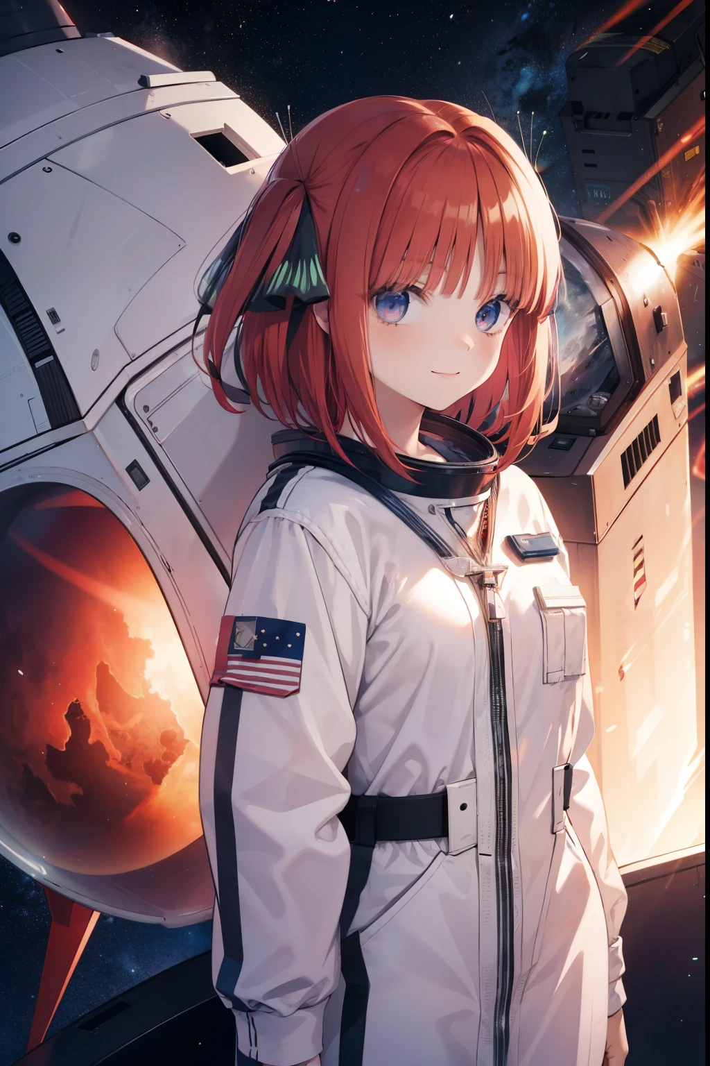  1woman,adult,25 years old,red hair,medium hair, astronaut uniform, standing, half Body photo, bright red eyes, bangs, smile