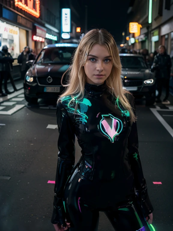 a blonde, Blaue Augen, slawische Merkmale, Frau, zwischen 2 (Straßenrennen cars with neon light on the floor:1.3), the girl stands in front of the cars and looks into the camera, People on the side street cheer, Nacht, (Rauch:1.3), Feuer, wearing black latex leggings , schwarzes Oberteil, schwarze hohe stiefel, Rennflaggen halten, Full body, herausgezoomt, perfekt detaillierte Augen, perfect hands, Perfekte Finger, Das Bild ist aus der Sicht des Autos aufgenommen, scharfen blick sexy an machend