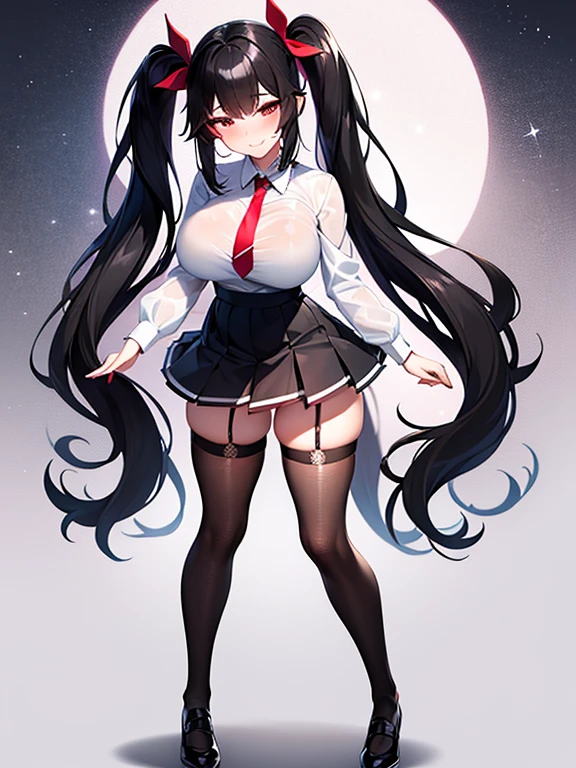 (Manhwa style), a sexy girl, long black straight hair, black eyes, beautiful eyes, blush on make up, red eyeliner, twintail hair, neck tie, white shirt, mini pleated skirt, stockings, garter belt, big breasts, blushing, smiling, (high quality), (best quality), (full body), sexy lips