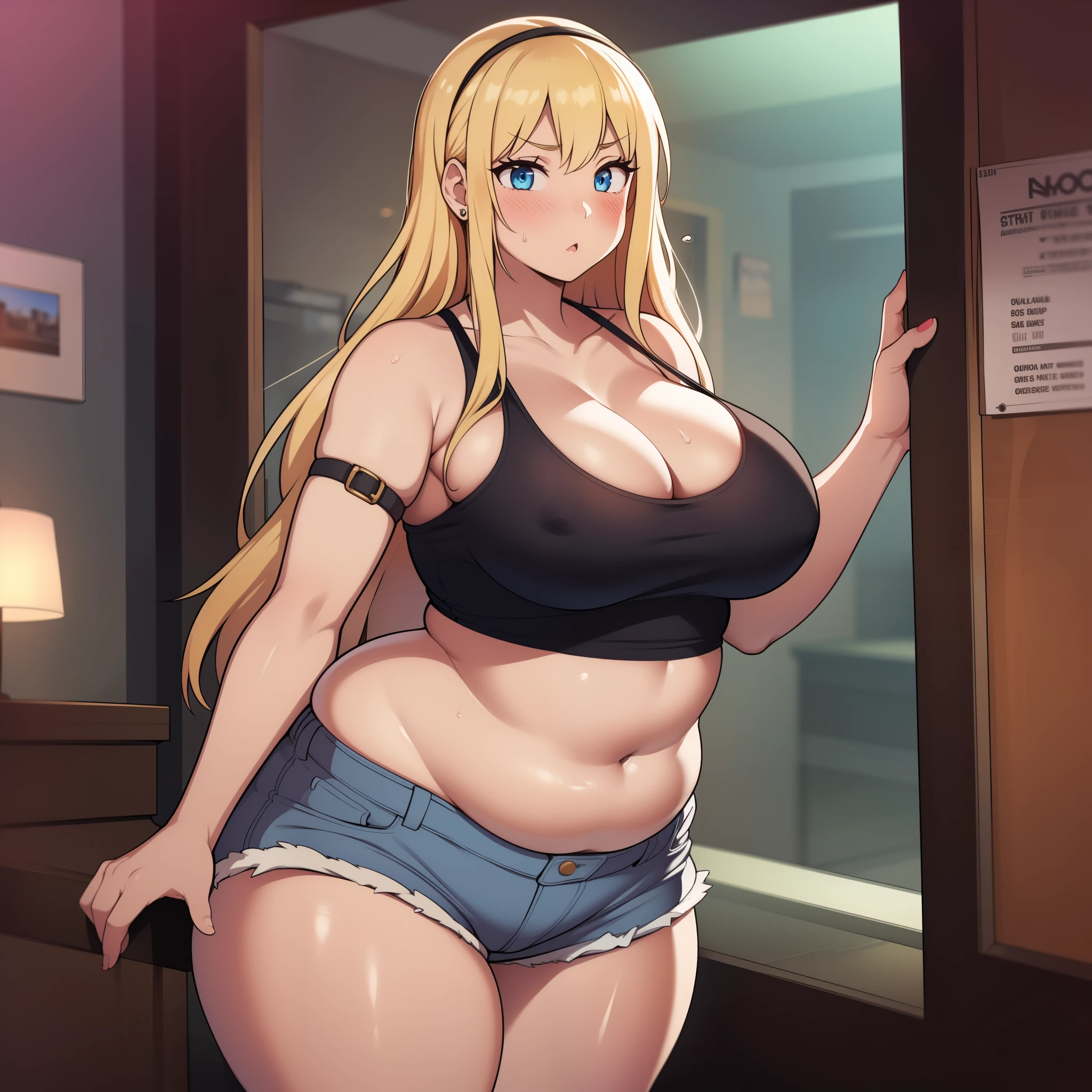 ((highres)), Masterpiece, high quality, best quality, beautiful, perfect lighting, detailed face, ultra cute face, ((blush)), (((1girl))), ((solo)), blonde hair, blue eyes, crop top and shorts, skindentation, full body, fast food restaurant, cleavage, medium breasts, ((wide hips)), ((thick thighs)), ((plump)), chubby belly, fat folds, belly hang, standing,