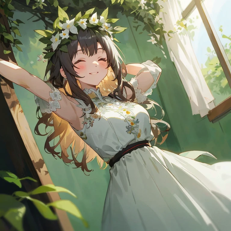 Anime girl in white dress with flowers in her hair, in dress, Cute anime waifu in a nice dress, guweiz, guweiz on pixiv artstation, smiling as a queen of fairies, guweiz on artstation pixiv, anime moe art style, kawacy, artwork in the style of guweiz