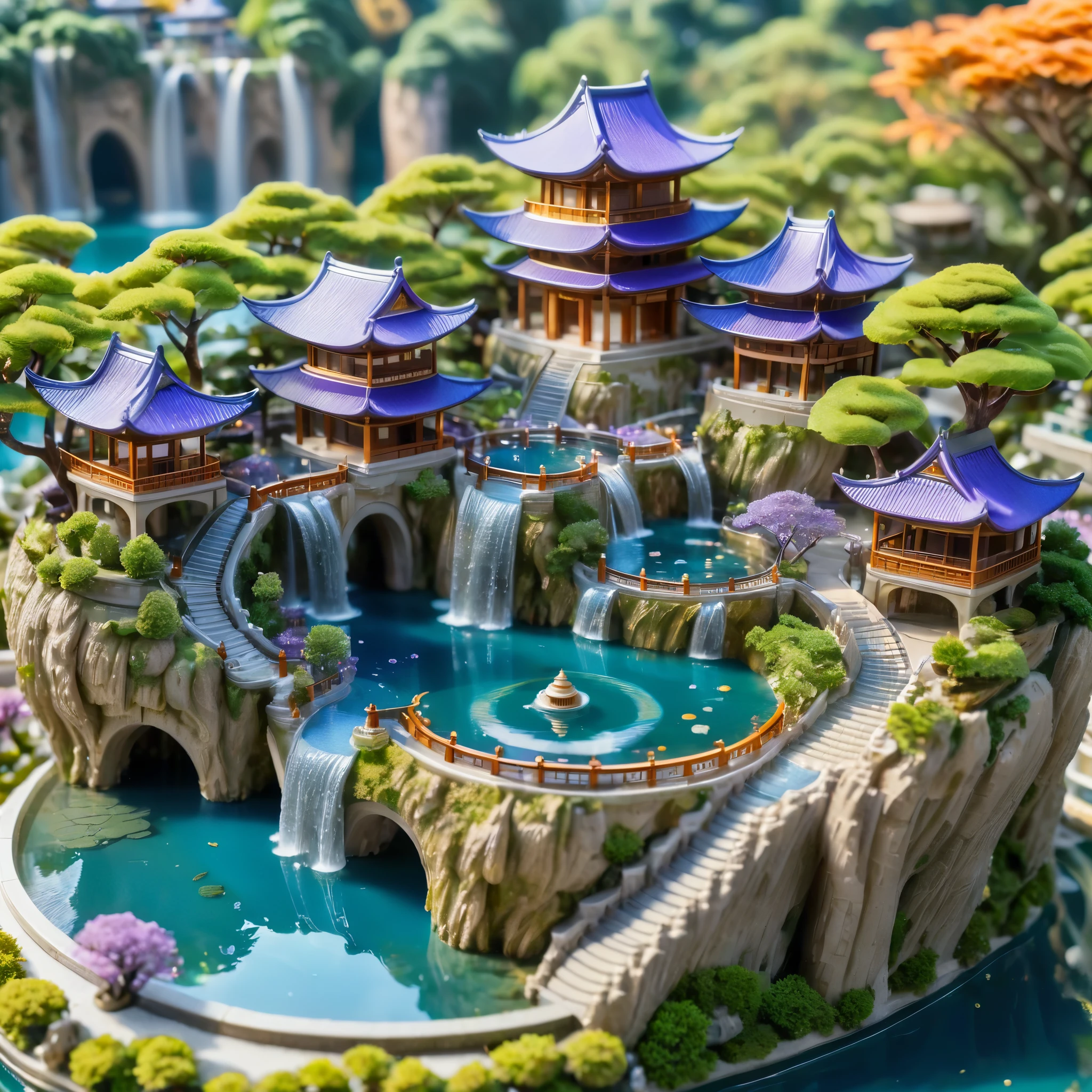A beautifully detailed miniature city with a central pagoda-like building surrounded by a circular pool of water and cascading waterfalls. The city has a mix of ancient Asian architecture with vibrant green, orange, and purple trees spread throughout. The scene is lit with soft, warm sunlight, creating a serene and enchanting atmosphere. The buildings and streets are intricate, with a focus on the golden roofs and blue waters. The overall style is reminiscent of macro photography, with a sharp focus on the central structure and a dreamy, artistic feel to the surroundings.