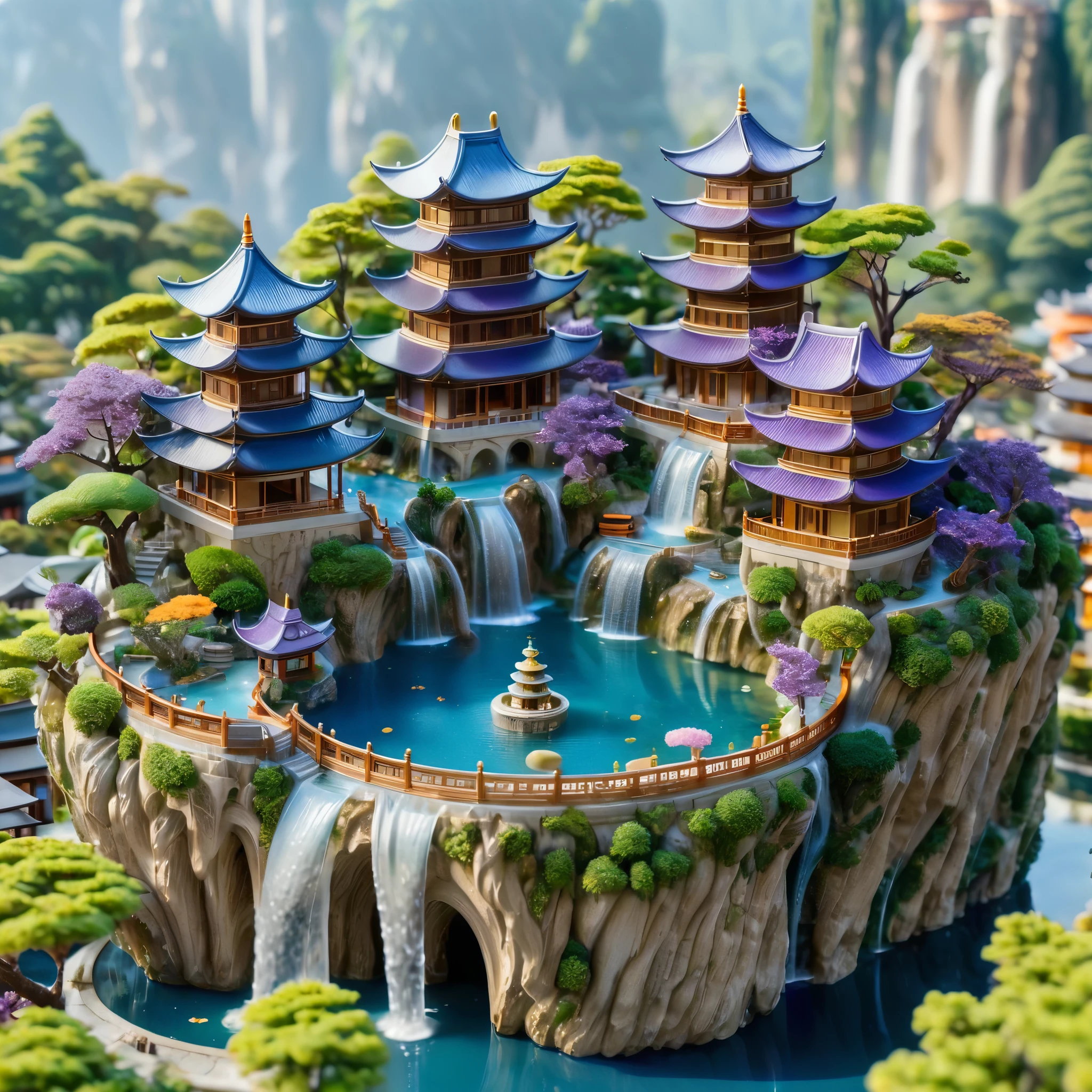A beautifully detailed miniature city with a central pagoda-like building surrounded by a circular pool of water and cascading waterfalls. The city has a mix of ancient Asian architecture with vibrant green, orange, and purple trees spread throughout. The scene is lit with soft, warm sunlight, creating a serene and enchanting atmosphere. The buildings and streets are intricate, with a focus on the golden roofs and blue waters. The overall style is reminiscent of macro photography, with a sharp focus on the central structure and a dreamy, artistic feel to the surroundings.