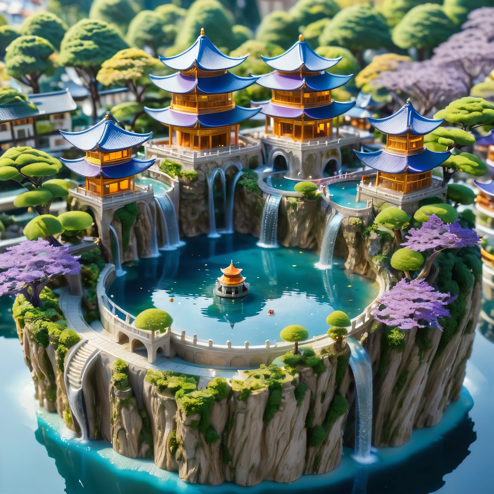 A beautifully detailed miniature city with a central pagoda-like building surrounded by a circular pool of water and cascading waterfalls. The city has a mix of ancient Asian architecture with vibrant green, orange, and purple trees spread throughout. The scene is lit with soft, warm sunlight, creating a serene and enchanting atmosphere. The buildings and streets are intricate, with a focus on the golden roofs and blue waters. The overall style is reminiscent of macro photography, with a sharp focus on the central structure and a dreamy, artistic feel to the surroundings.