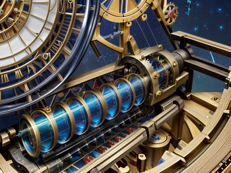 astronomical clock mechanism, celestial, solar system, extraordinary complex mechanics, ((plan large, interior view of the mechanism, multiples rouages complexes, engrenages complexes, very accurate, full details, ruby sapphire emerald color mix, mechanical calculator)), (((visible mechanism:1.8)))