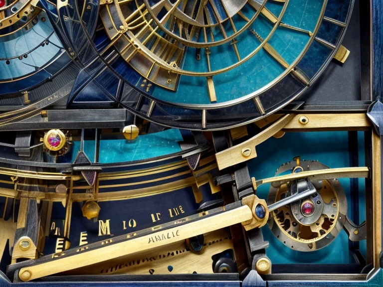 astronomical clock mechanism, celestial, solar system, extraordinary complex mechanics, ((plan large, interior view of the mechanism, multiples rouages complexes, engrenages complexes, very accurate, full details, ruby sapphire emerald color mix, mechanical calculator)), (((visible mechanism:1.8)))