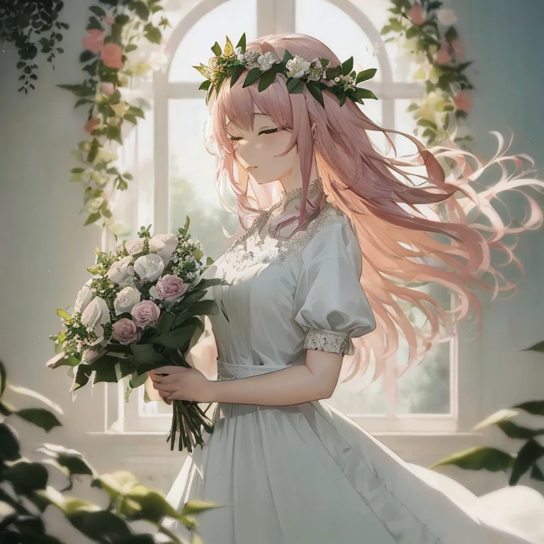 Anime girl with long pink hair holding bouquet of flowers, guweiz, artwork in the style of guweiz, Beautiful Anime Portrait, guweiz on pixiv artstation, guweiz on artstation pixiv, with flowers, Cute anime waifu in a nice dress, guweiz masterpiece, in dress, She has a crown of flowers