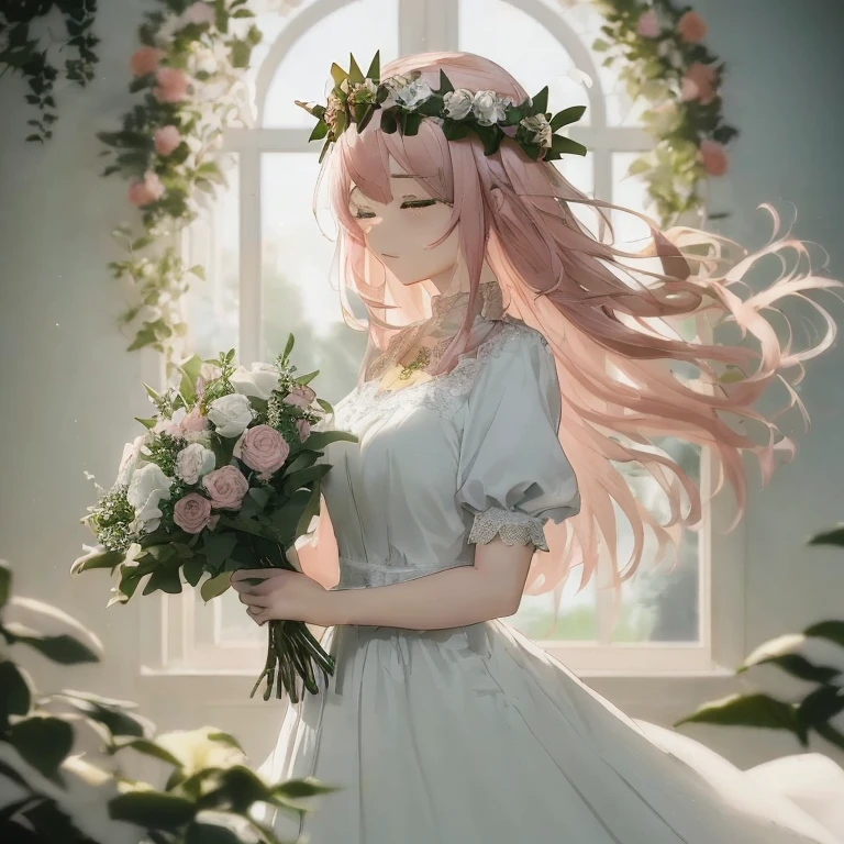 Anime girl with long pink hair holding bouquet of flowers, guweiz, artwork in the style of guweiz, Beautiful Anime Portrait, guweiz on pixiv artstation, guweiz on artstation pixiv, with flowers, Cute anime waifu in a nice dress, guweiz masterpiece, in dress, She has a crown of flowers
