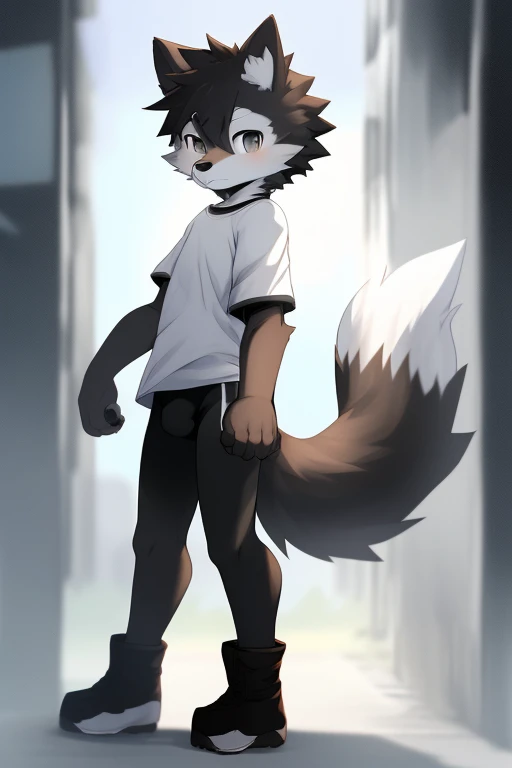 Furry wolf,((Shota)), black spandex tights, white shirt, solo, standing 