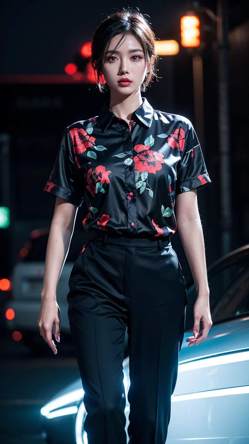 outdoor, Black, Wearing a black and red floral shirt, Wearing black dress pants, blue eyes, Glowing eyes, short hair, Gray skin, Club environment, night, Blue neon light, 8K, Unreal Engine, Very detailed, Reality, 