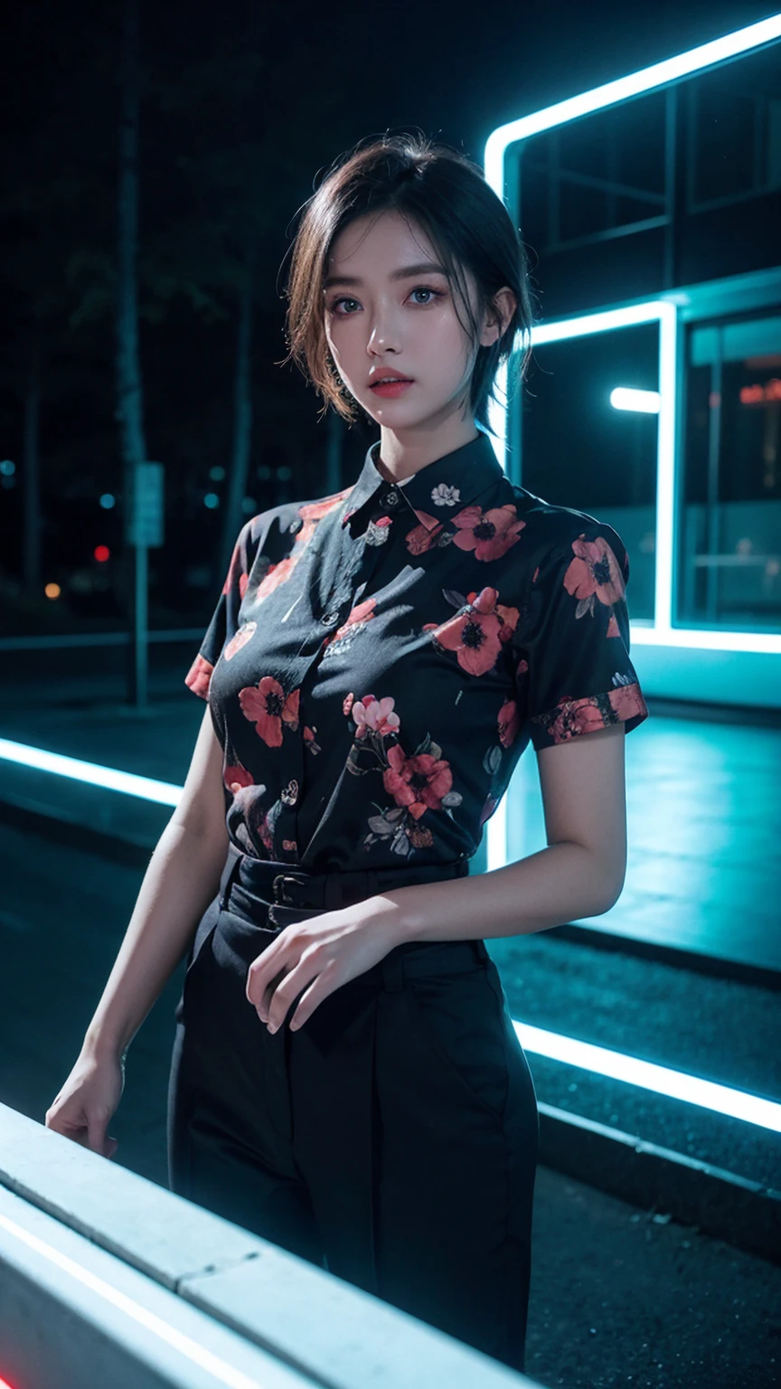 outdoor, Black, Wearing a black and red floral shirt, Wearing black dress pants, blue eyes, Glowing eyes, short hair, Gray skin, Club environment, night, Blue neon light, 8K, Unreal Engine, Very detailed, Reality, 