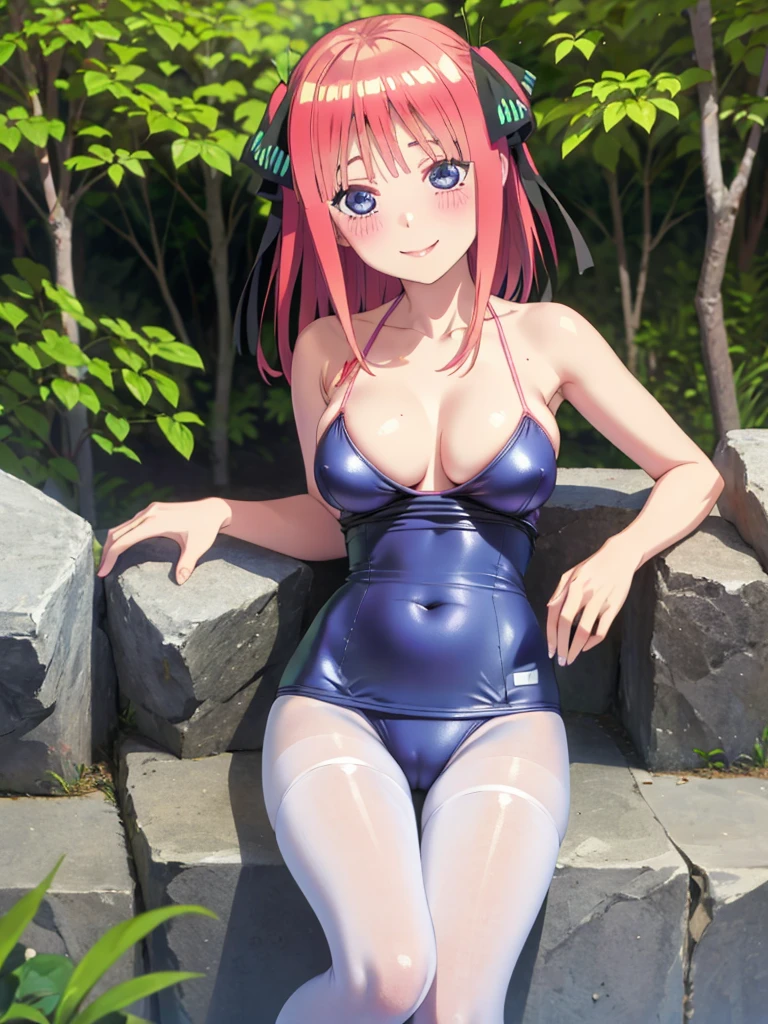 best quality, ultra-detailed masterpiece, nsfw, nino nakano, one-piece swimsuit, breasts, pantyhose, blush, smile, terrace, forest