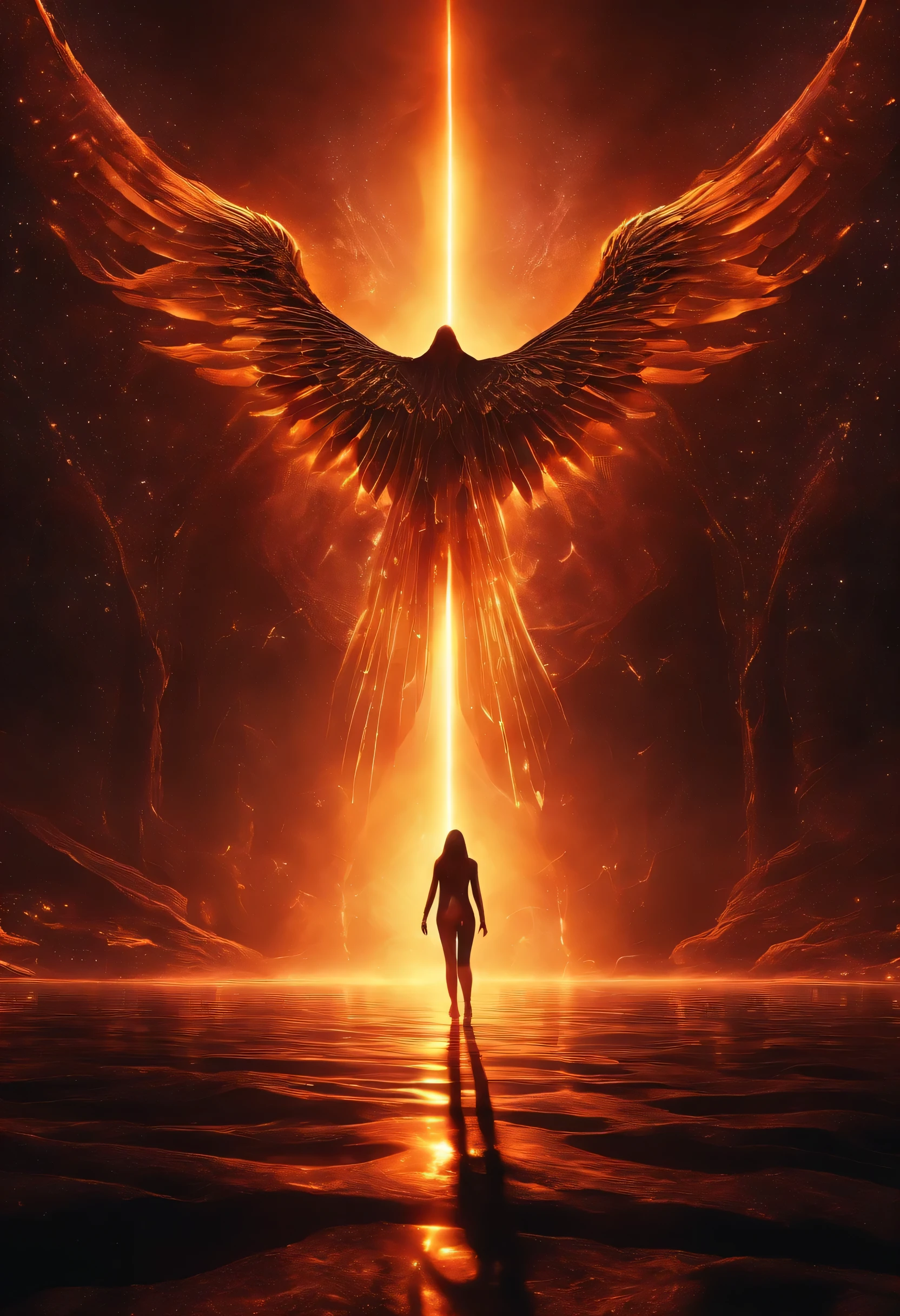 Fallen Angels of the Universe, glowing light eyes, biomechanical, eery, creepy, nightmarish, Very bright colors, light Particle, with light glowing, Musif, Wallpaper Art, UHD Wallpapers